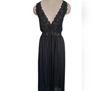 VTG SHAWDOWLINE long nightgown peignor lingerie black nylon lace plus size 1X